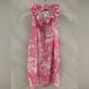 Ann Taylor Loft MP Pink and White Sleeveless Ruffle Neck Sleeveless Blouse